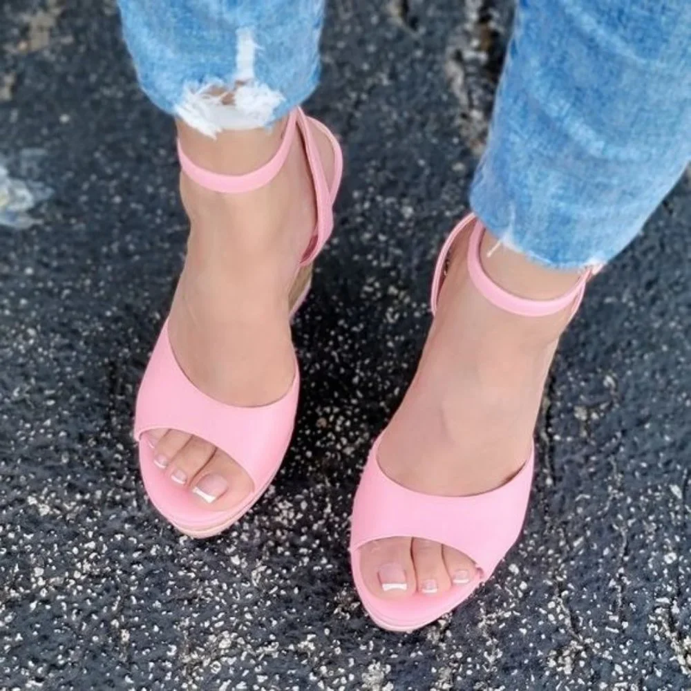 Women Platform Wedge Sandals Ankle Strap Pink Color - Picture 5 of 5